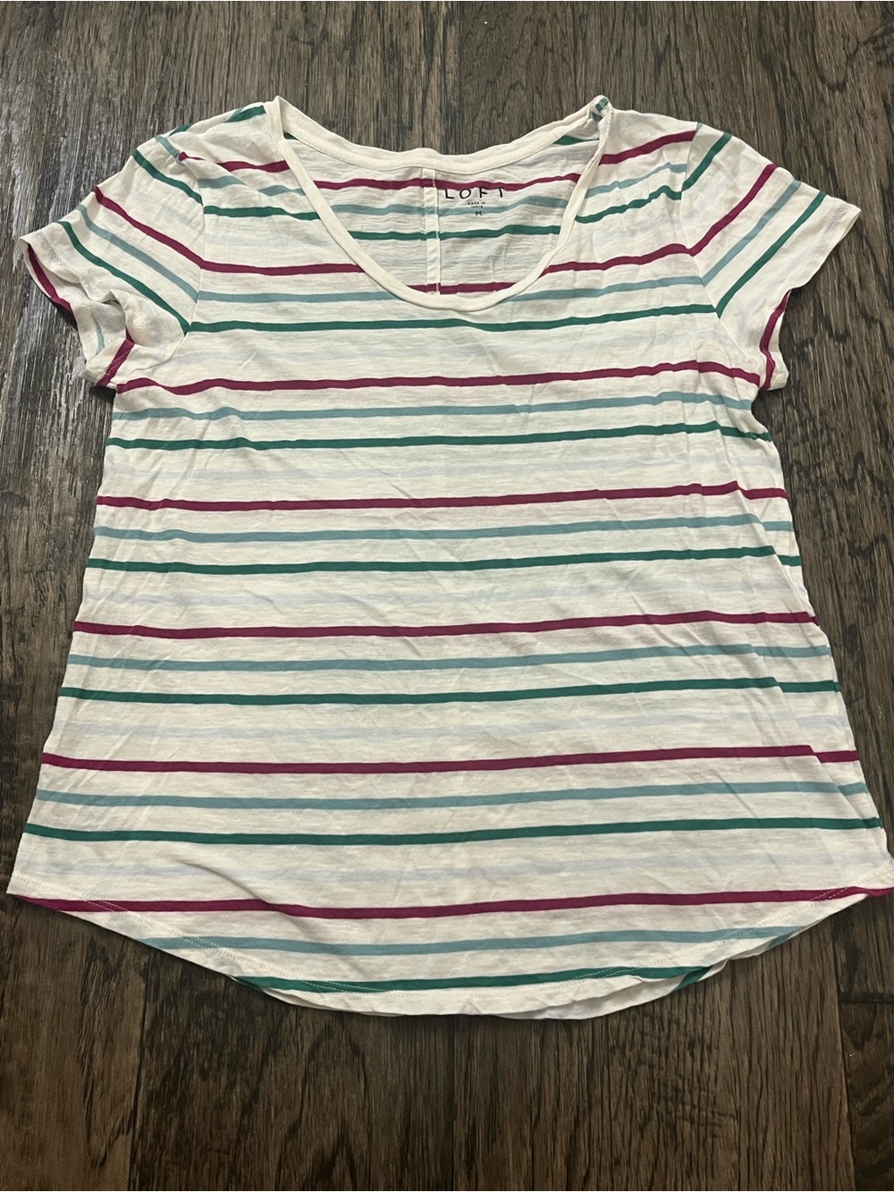 LOFT White Striped Short Sleeve Tee with purple & Teal Stripes